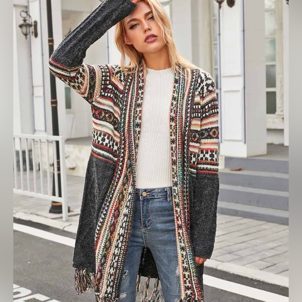 L.I.B New York Multicolor Fringe Cardigan Sweater Longline Boho Knit